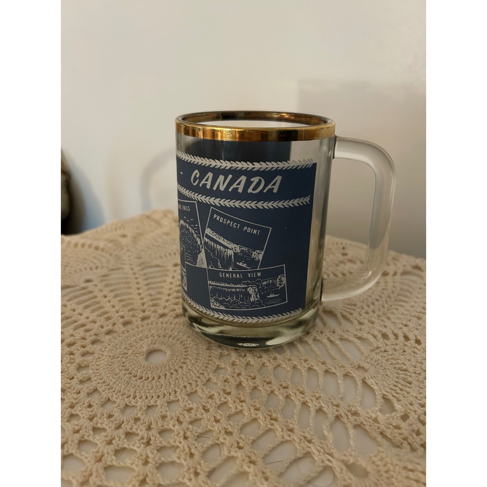 Vintage Niagara Falls Canada Souvenir Glass Mug Blue Graphic Gold Rimmed